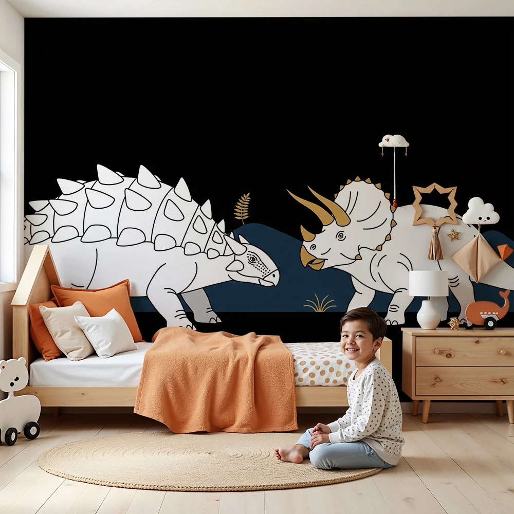 Lastenhuoneen tapetti | Hauskat dinosaurukset mustalla taustalla