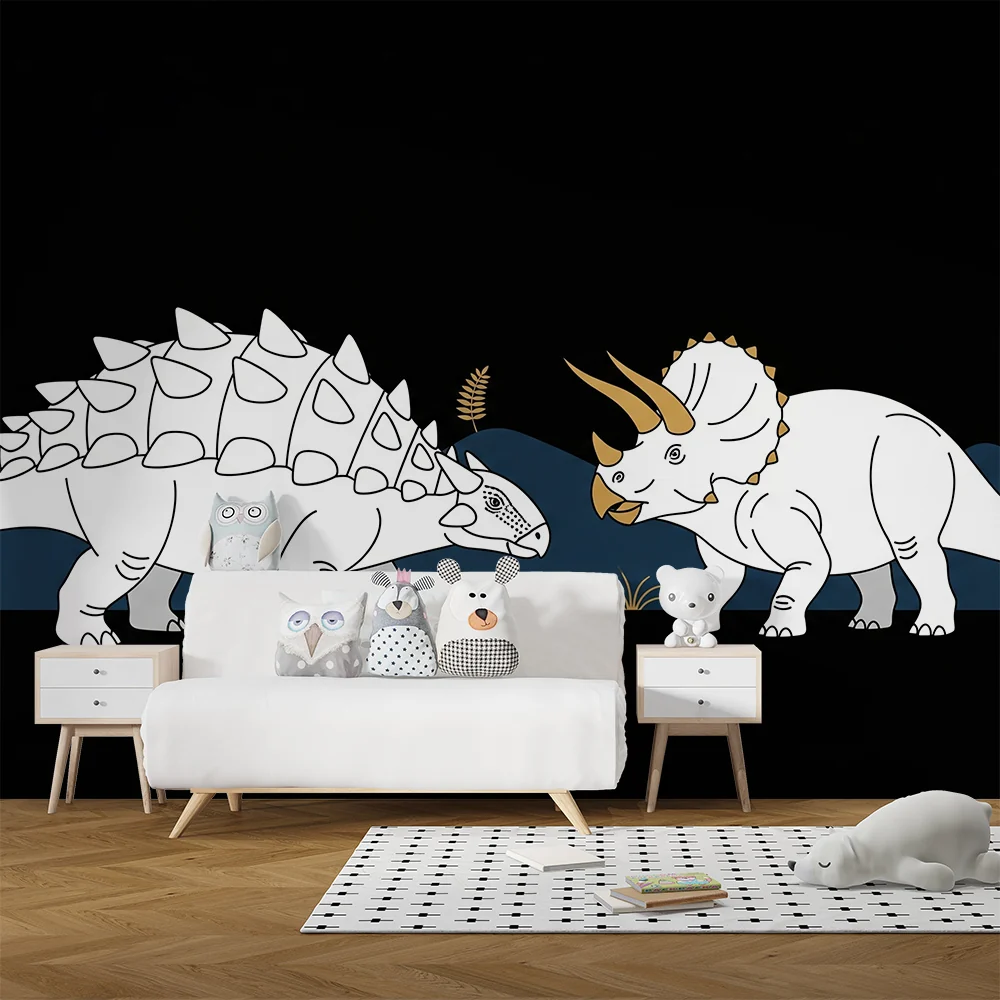 Lastenhuoneen tapetti | Hauskat dinosaurukset mustalla taustalla