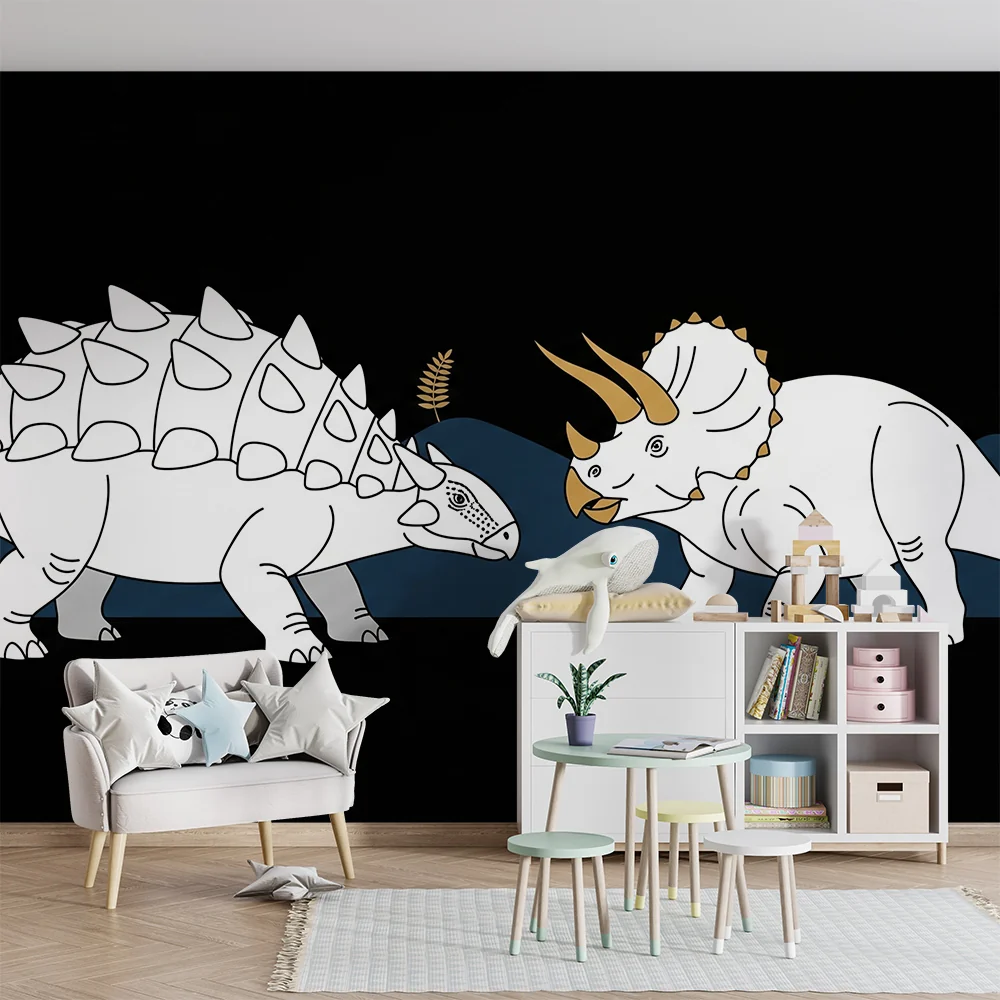 Lastenhuoneen tapetti | Hauskat dinosaurukset mustalla taustalla