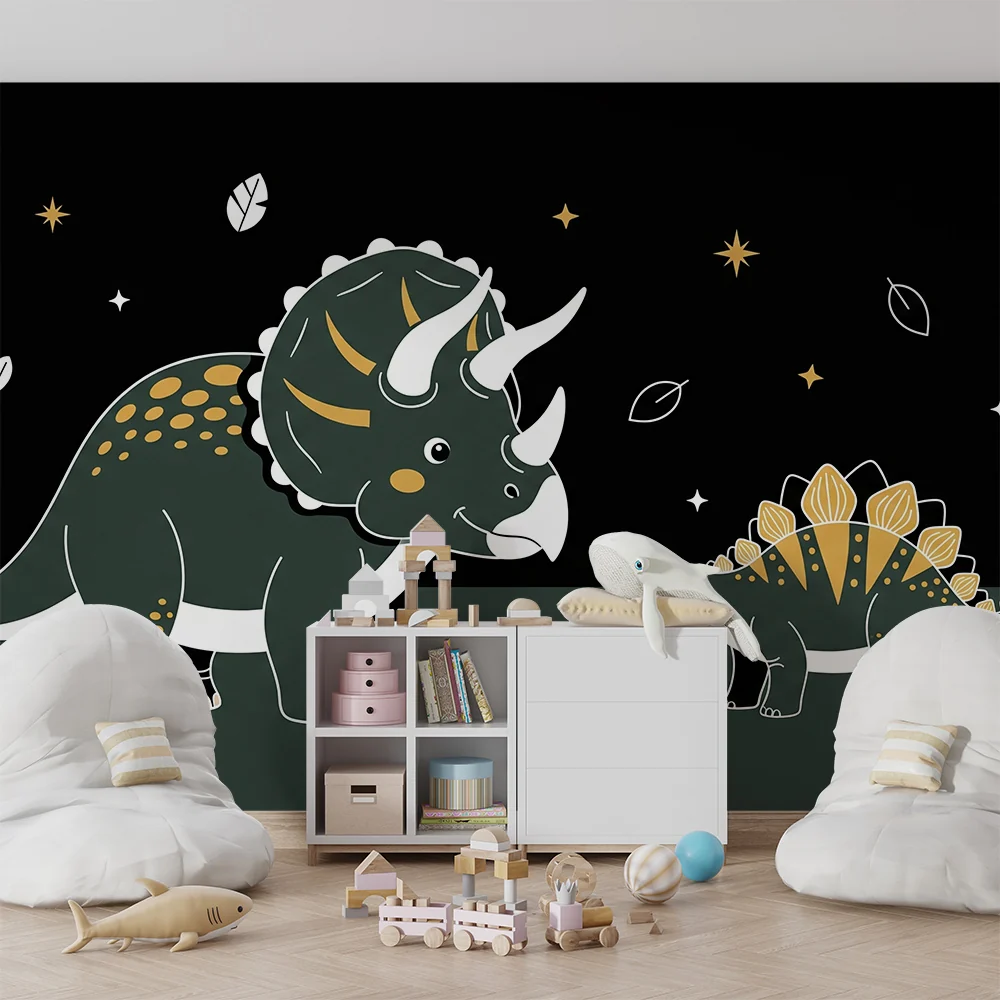 Lastenhuoneen tapetti | Hauskat dinosaurukset tähtitaivaan alla