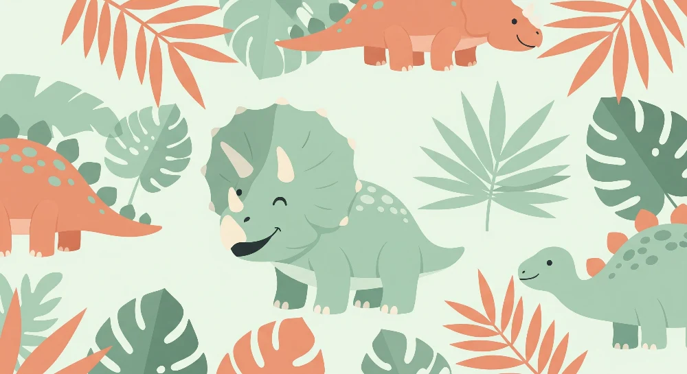 Lastenhuoneen tapetti | Hauskat dinosaurukset värikkäiden lehtien keskellä