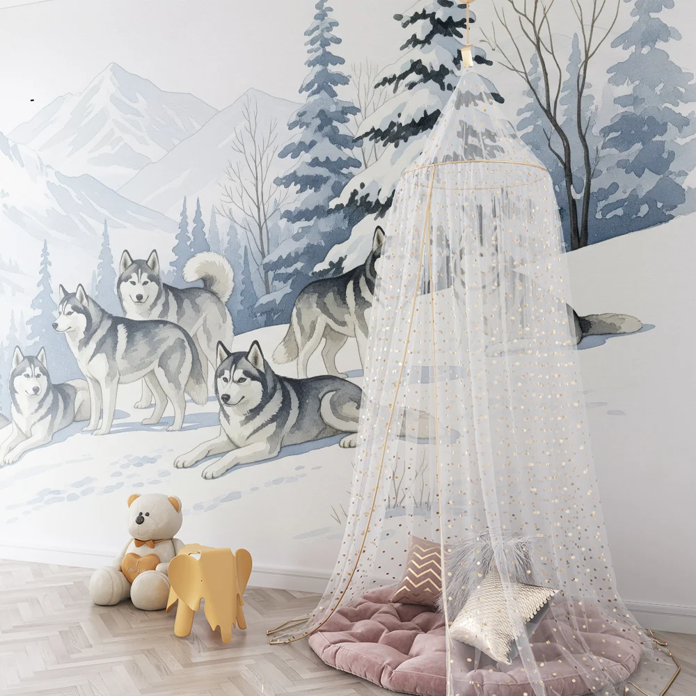 Lastenhuoneen tapetti | Husky-lauma lumisessa maisemassa