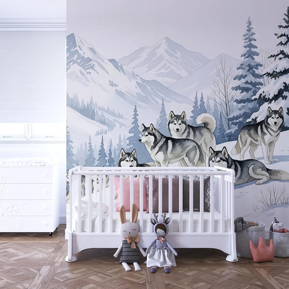 Lastenhuoneen tapetti | Husky-lauma lumisessa maisemassa