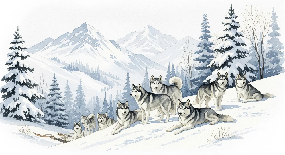 Lastenhuoneen tapetti | Husky-lauma lumisessa maisemassa