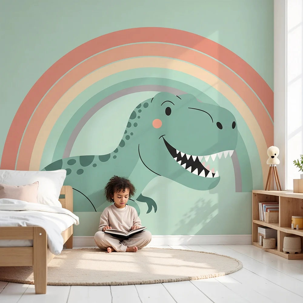 Lastenhuoneen tapetti | Hymyilevä dinosaurus pastellin värinen sateenkaaren alla