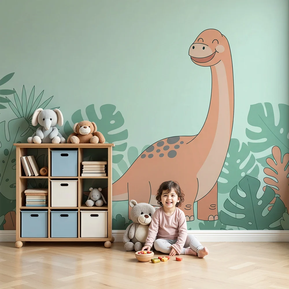 Lastenhuoneen tapetti | Hymyilevä dinosaurus trooppisten lehtien keskellä