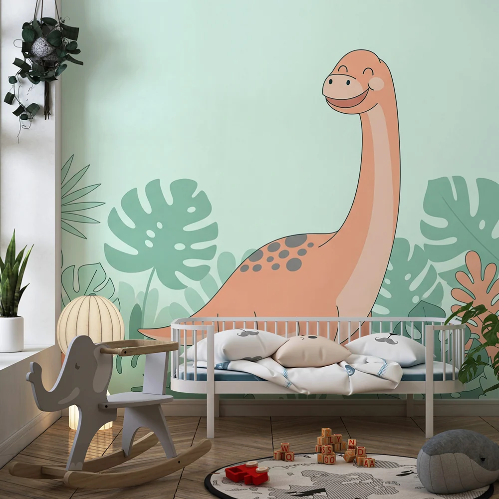 Lastenhuoneen tapetti | Hymyilevä dinosaurus trooppisten lehtien keskellä