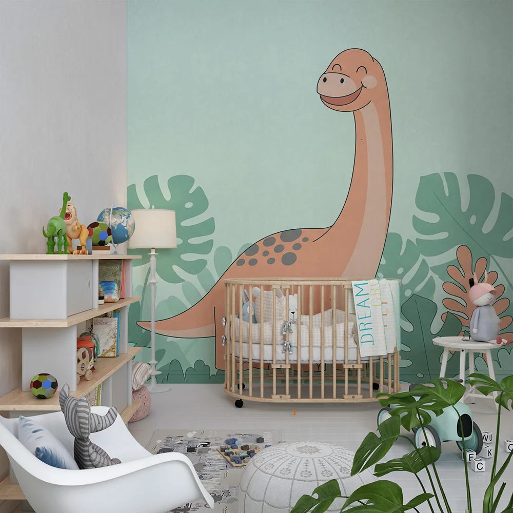 Lastenhuoneen tapetti | Hymyilevä dinosaurus trooppisten lehtien keskellä