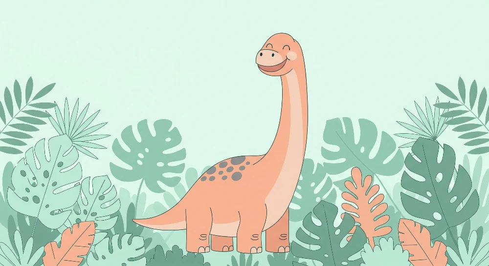 Lastenhuoneen tapetti | Hymyilevä dinosaurus trooppisten lehtien keskellä