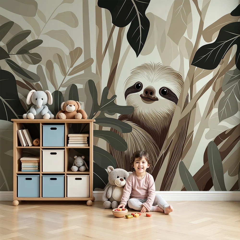 Lastenhuoneen tapetti | Hymyilevä laiska viidakossa beige