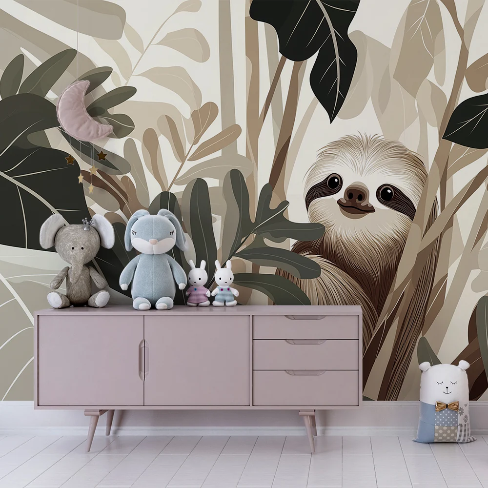 Lastenhuoneen tapetti | Hymyilevä laiska viidakossa beige