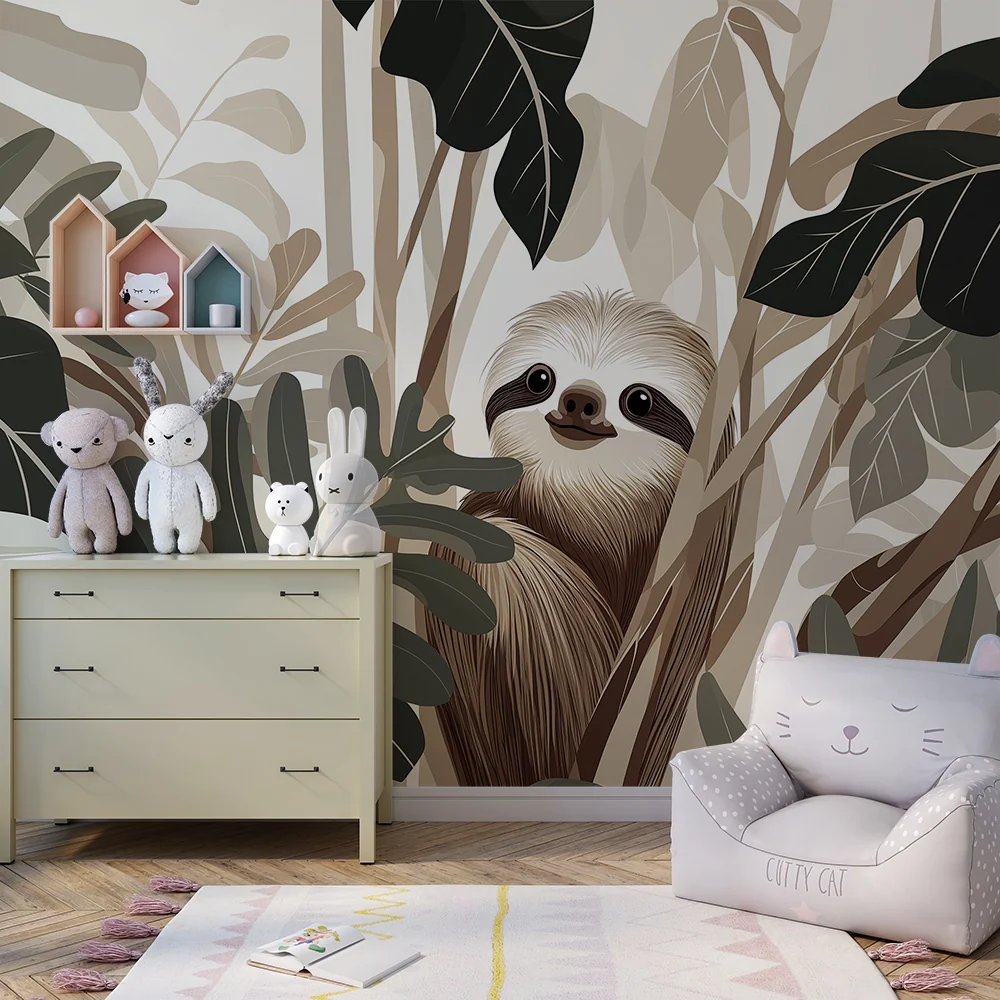Lastenhuoneen tapetti | Hymyilevä laiska viidakossa beige