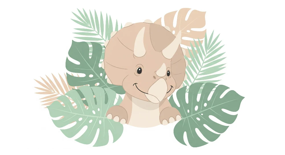 Lastenhuoneen tapetti | hymyilevä triceratops-dinosaurus trooppisen kasvillisuuden ympäröimänä