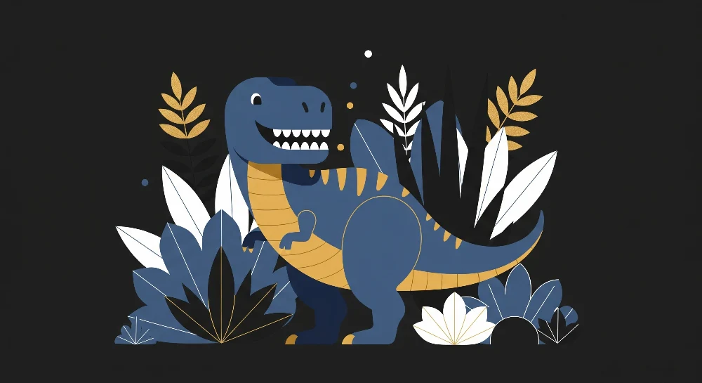 Lastenhuoneen tapetti | Iloinen dinosauri modernien lehtien keskellä