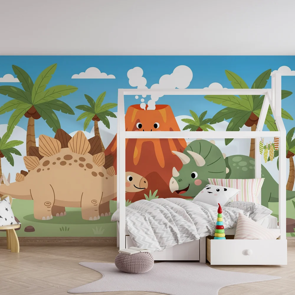 Lastenhuoneen tapetti | Iloinen dinosaurus ja tulivuori