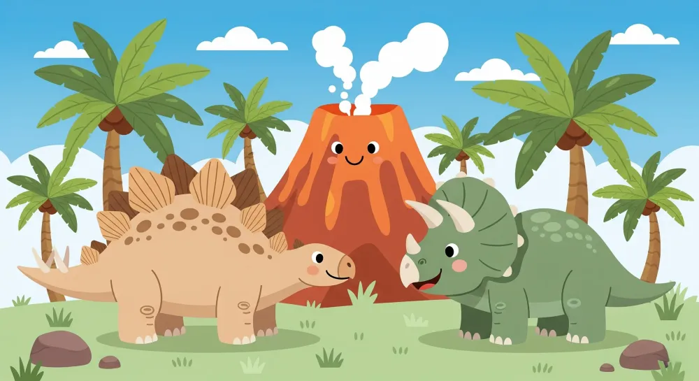 Lastenhuoneen tapetti | Iloinen dinosaurus ja tulivuori