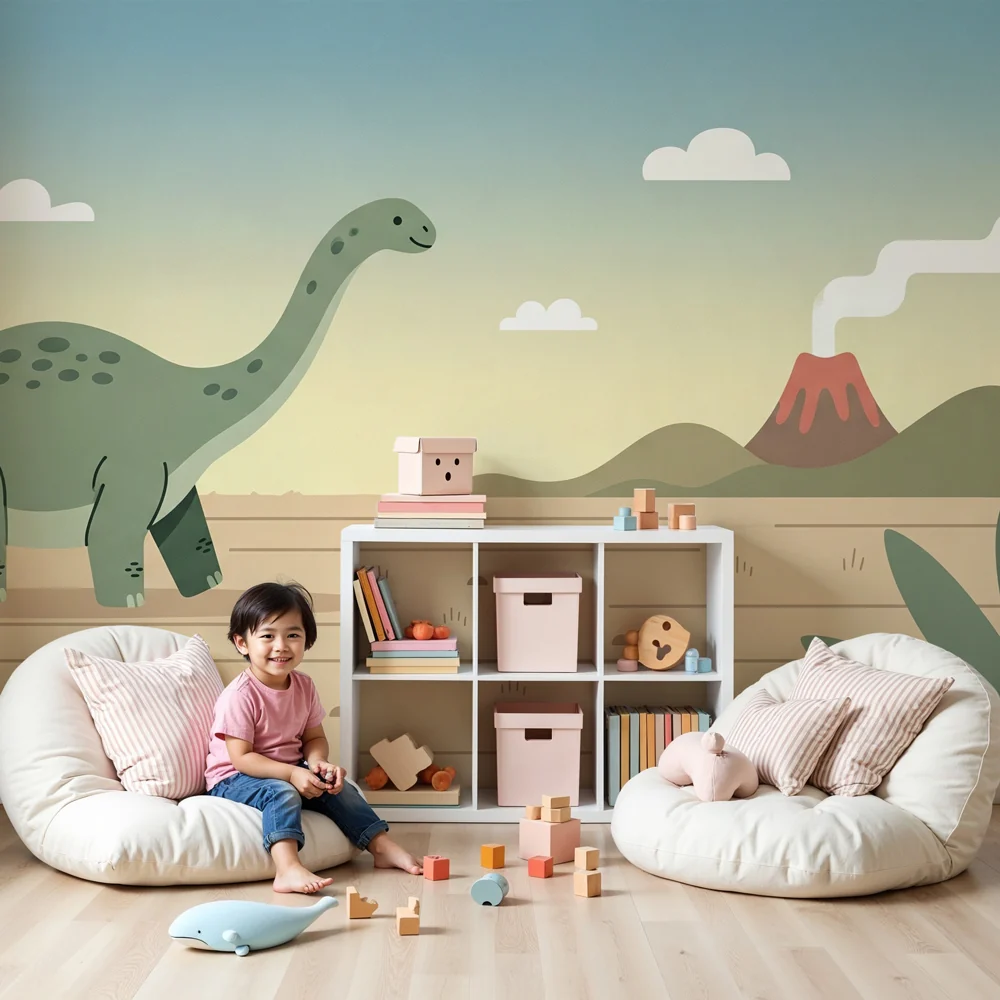 Lastenhuoneen tapetti | Iloinen dinosaurus ja tulivuori