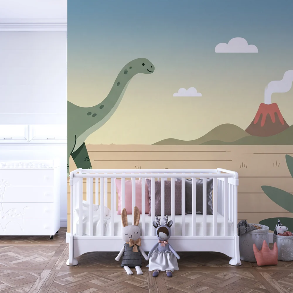 Lastenhuoneen tapetti | Iloinen dinosaurus ja tulivuori