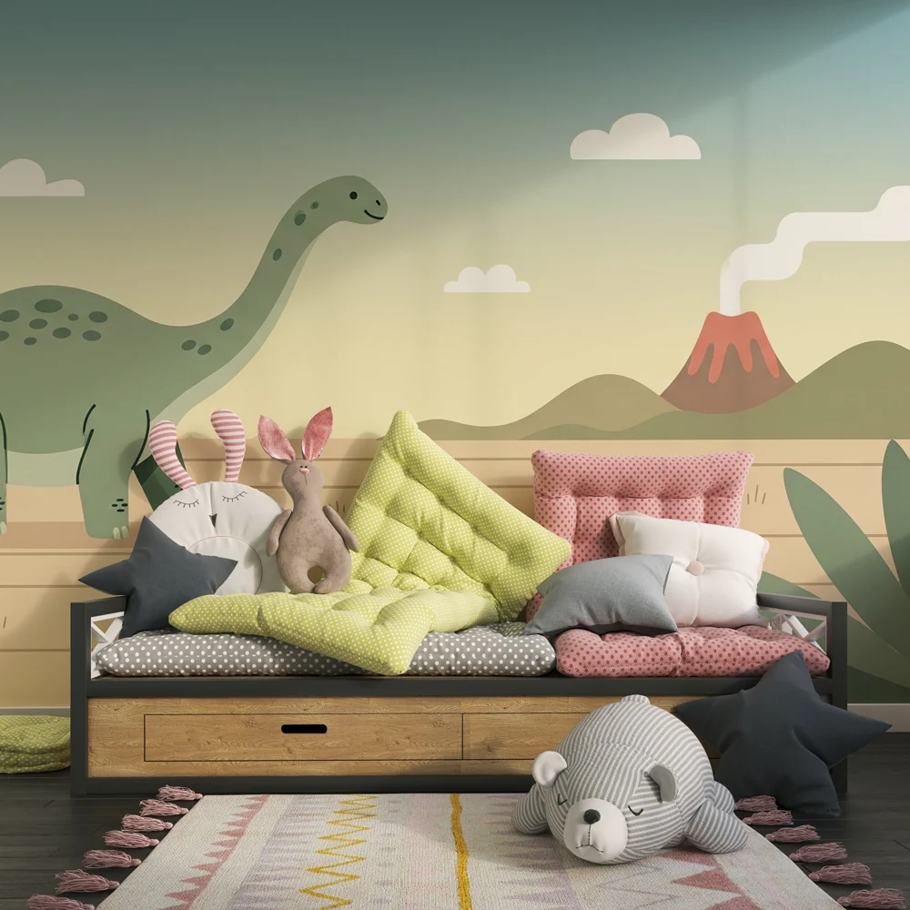 Lastenhuoneen tapetti | Iloinen dinosaurus ja tulivuori