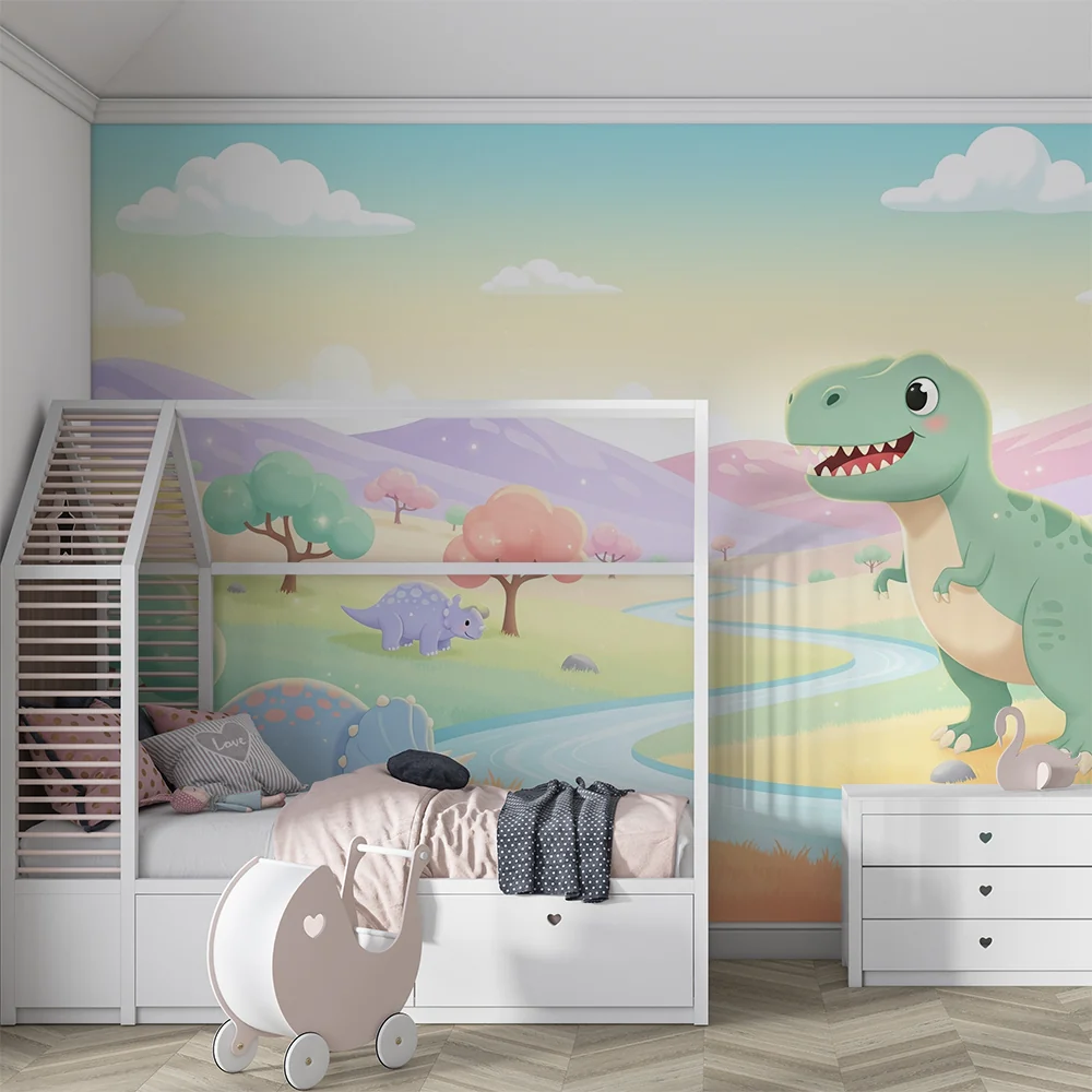 Lastenhuoneen tapetti | Iloinen dinosaurus värikkäässä maisemassa