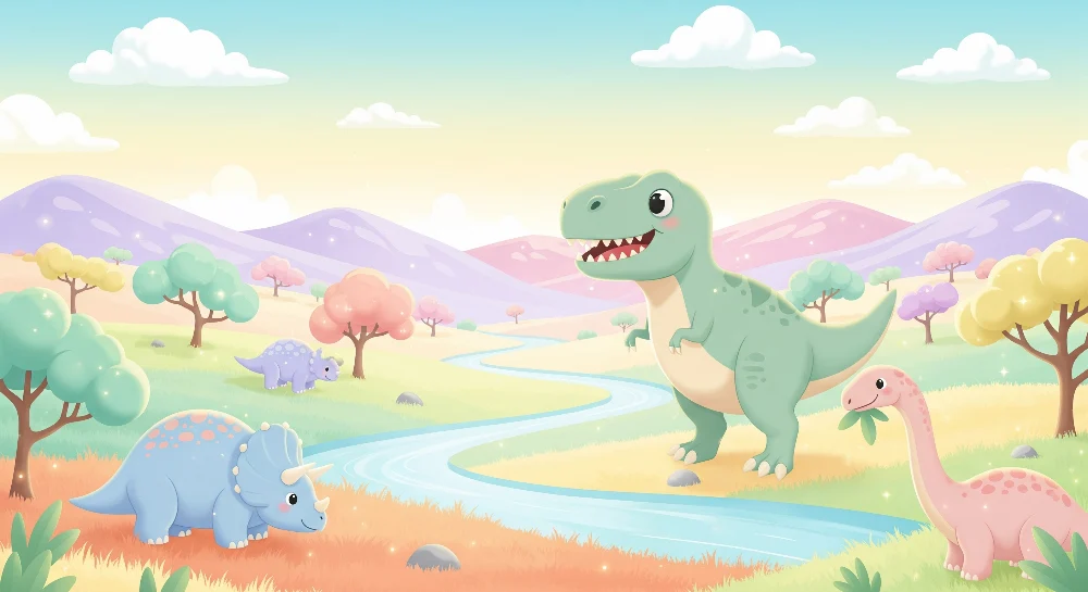 Lastenhuoneen tapetti | Iloinen dinosaurus värikkäässä maisemassa