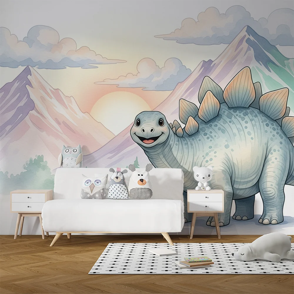 Lastenhuoneen tapetti | Iloinen dinosaurus vuoristomaisemassa