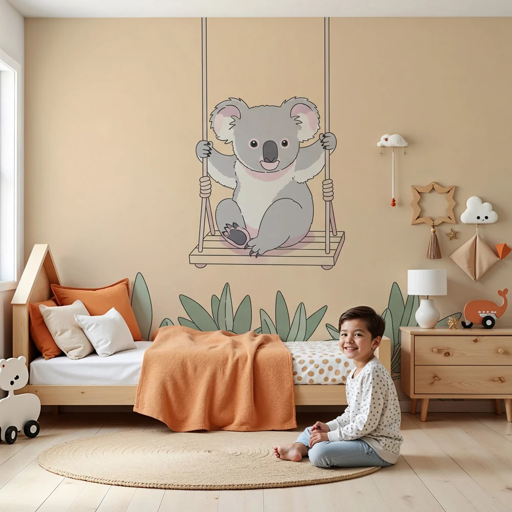 Lastenhuoneen tapetti | Iloinen koala keinussa