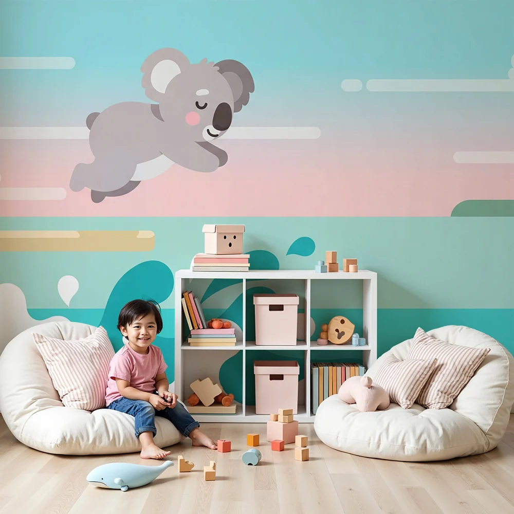 Lastenhuoneen tapetti | Iloinen koala ja värikkäät aallot