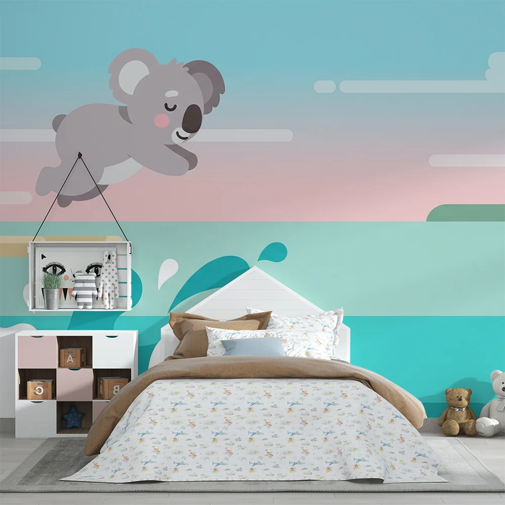 Lastenhuoneen tapetti | Iloinen koala ja värikkäät aallot