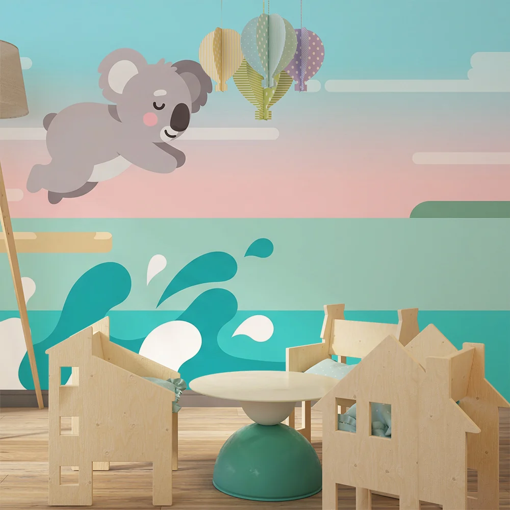 Lastenhuoneen tapetti | Iloinen koala ja värikkäät aallot