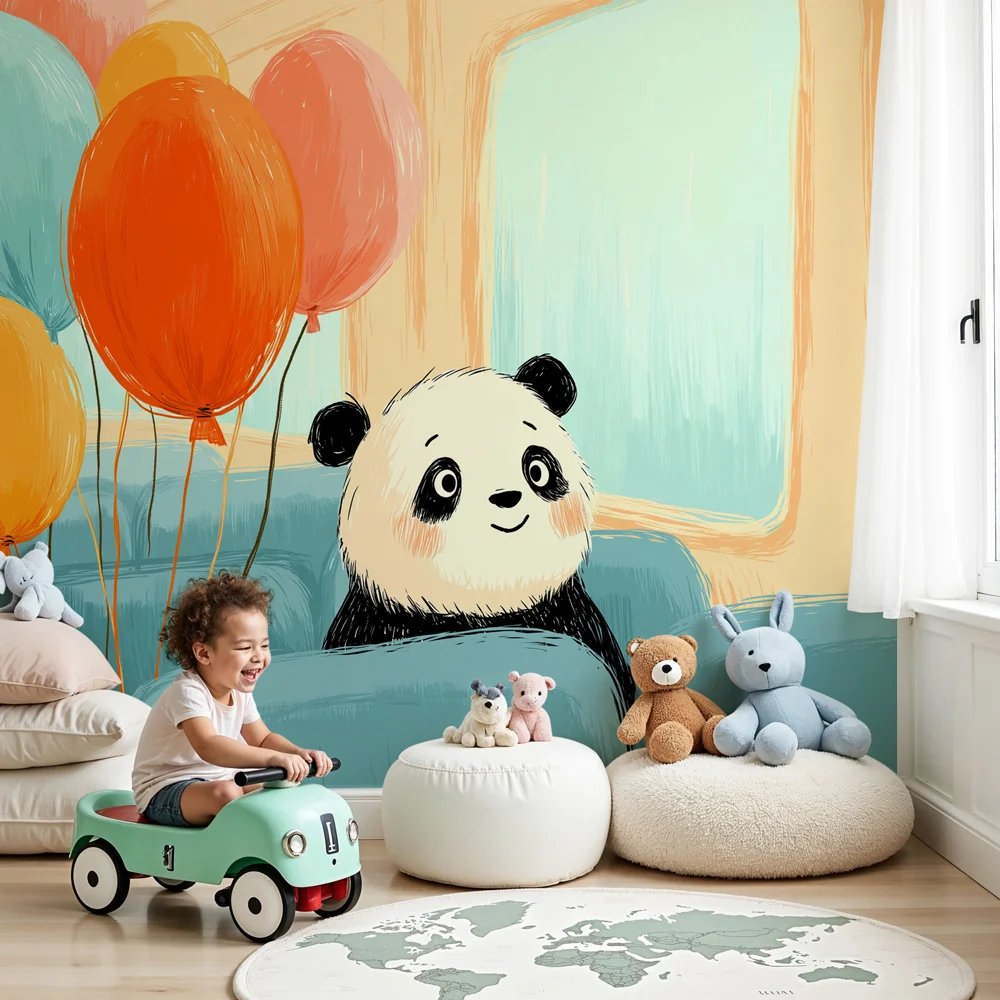 Lastenhuoneen tapetti | Iloinen panda ilmapallojen kanssa
