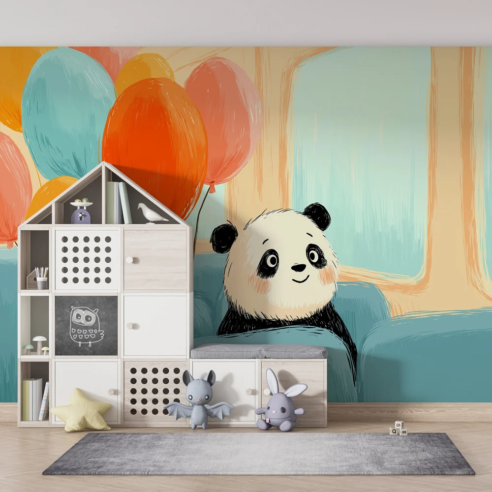 Lastenhuoneen tapetti | Iloinen panda ilmapallojen kanssa