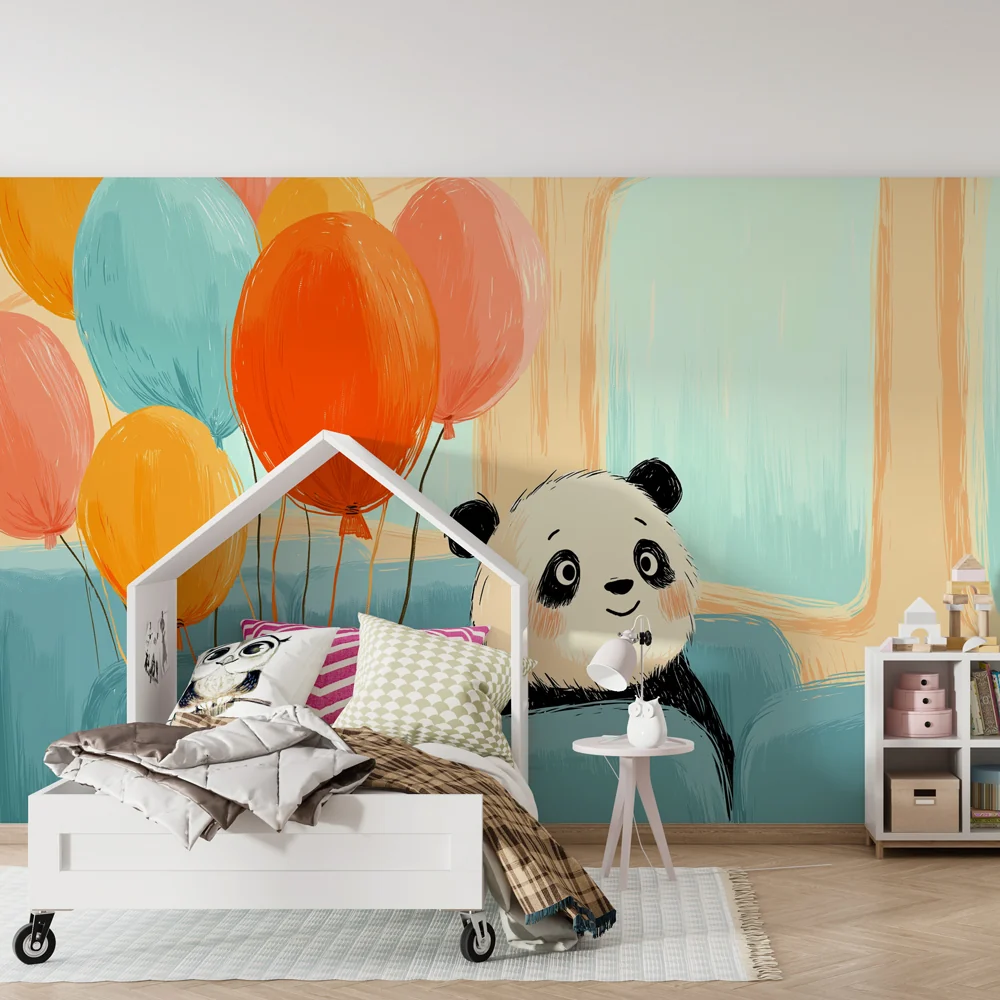 Lastenhuoneen tapetti | Iloinen panda ilmapallojen kanssa