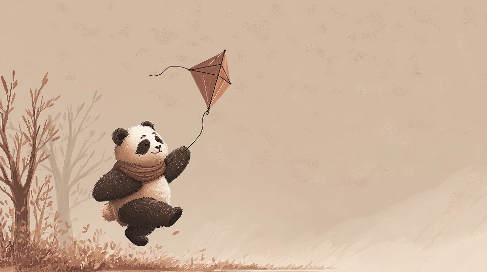 Lastenhuoneen tapetti | Iloinen panda leijan kanssa lempeässä maisemassa