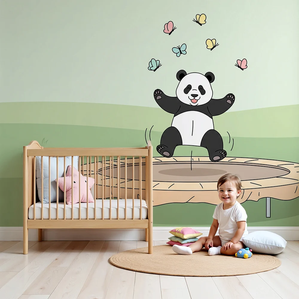 Lastenhuoneen tapetti | Iloinen panda trampoliinilla