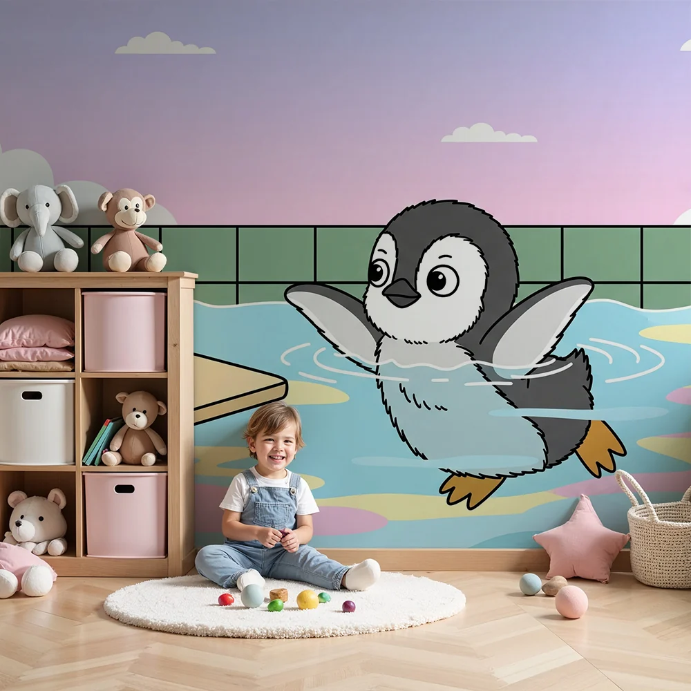 Lastenhuoneen tapetti | Iloinen pingviini vedessä