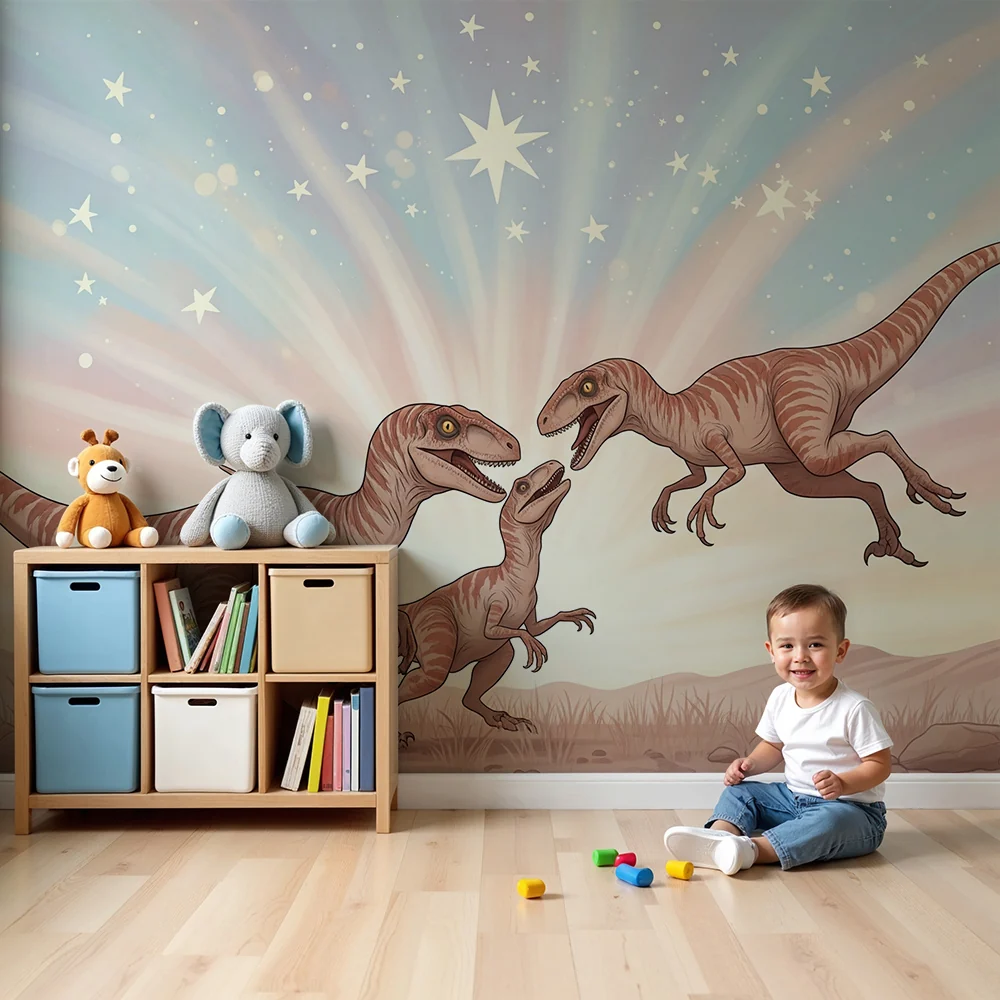 Lastenhuoneen tapetti | Iloiset dinosaurukset esihistoriallisessa maisemassa
