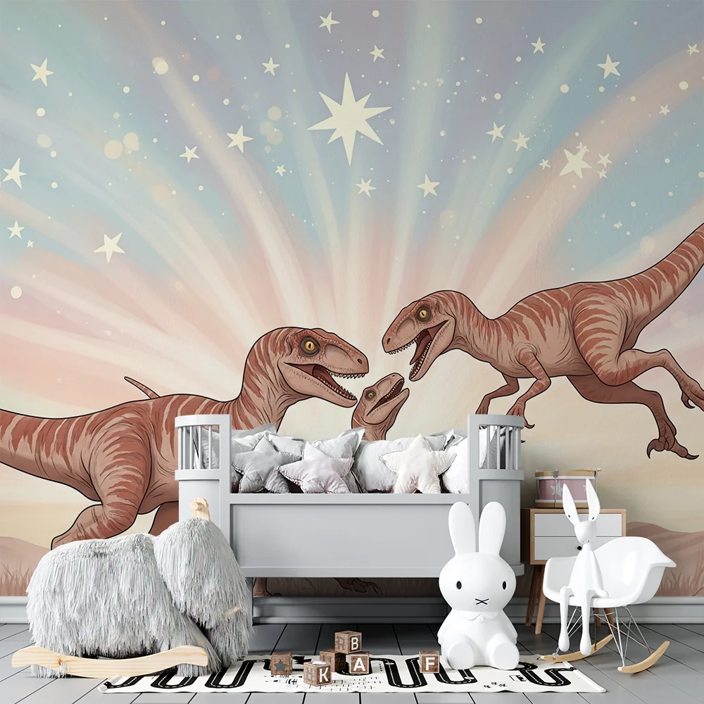 Lastenhuoneen tapetti | Iloiset dinosaurukset esihistoriallisessa maisemassa