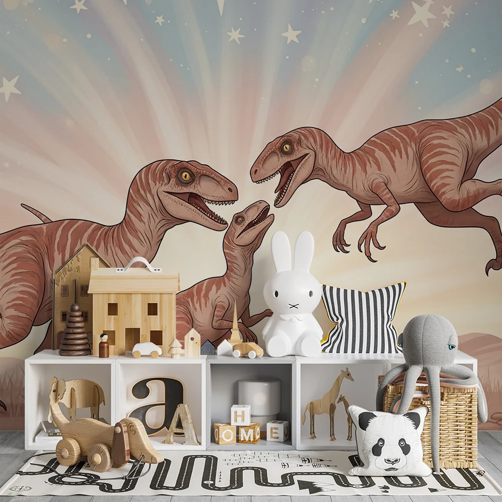 Lastenhuoneen tapetti | Iloiset dinosaurukset esihistoriallisessa maisemassa