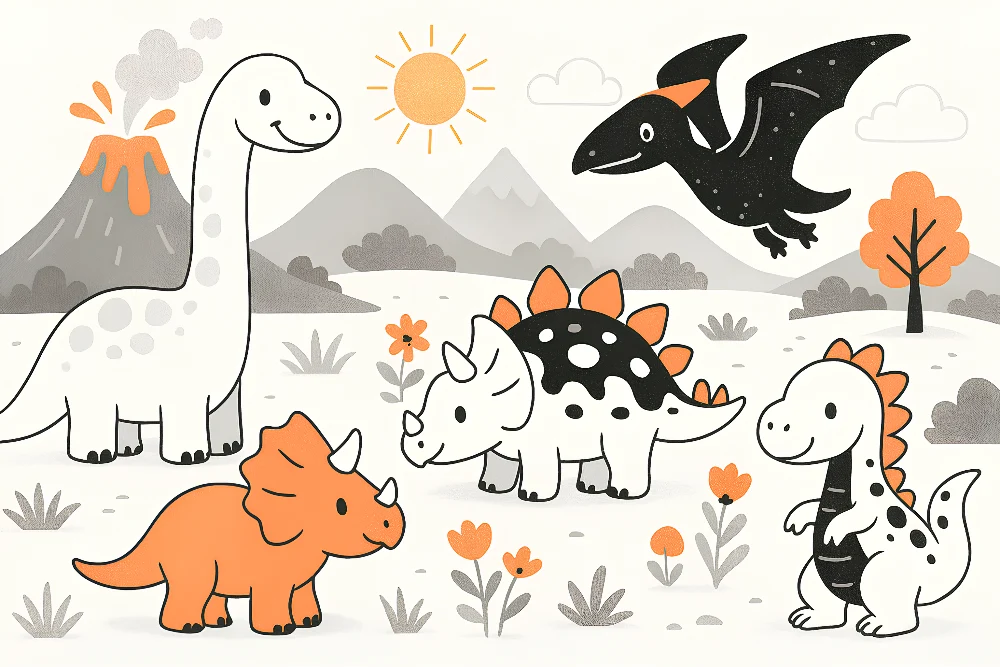 Lastenhuoneen tapetti | Iloiset dinosaurukset esihistoriallisessa maisemassa