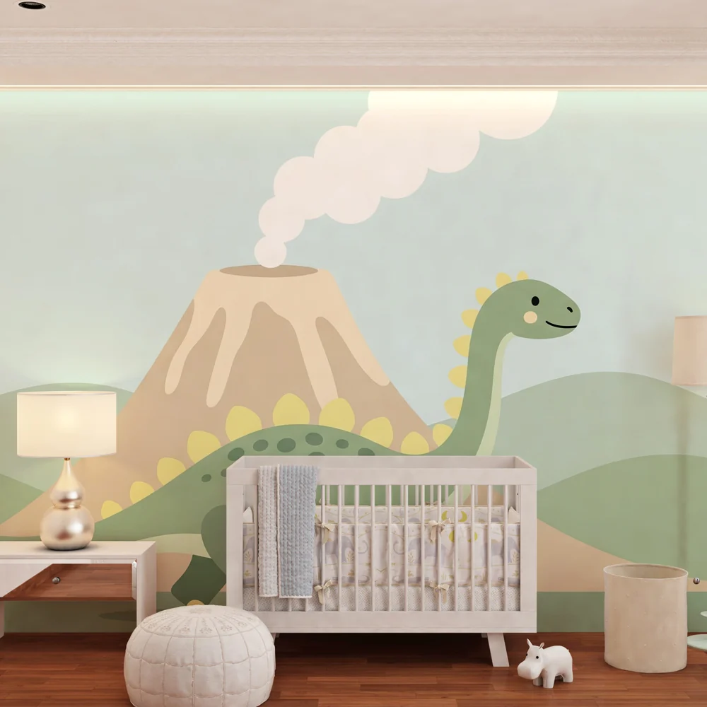 Lastenhuoneen tapetti | Iloiset dinosaurukset ja tulivuori