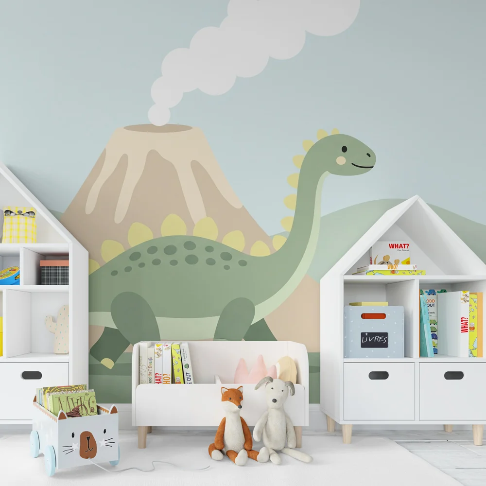 Lastenhuoneen tapetti | Iloiset dinosaurukset ja tulivuori