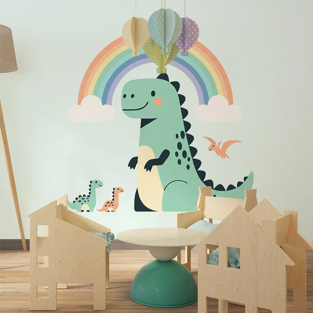 Lastenhuoneen tapetti | Iloiset dinosaurukset värikkään sateenkaaren alla