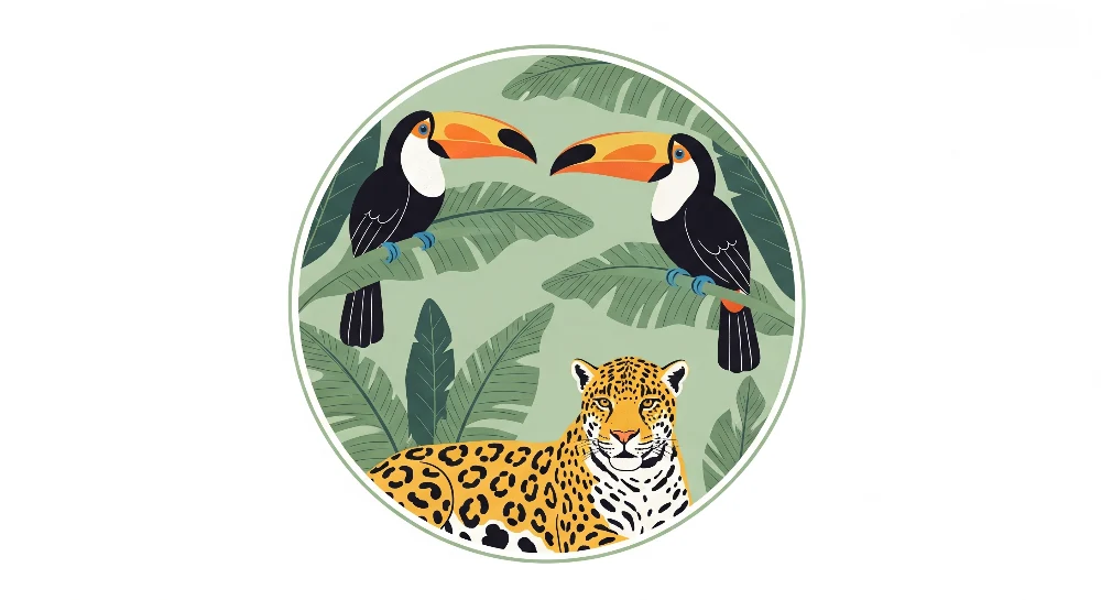 Lastenhuoneen tapetti | Jaguar ja tukaanit värikkäässä viidakossa