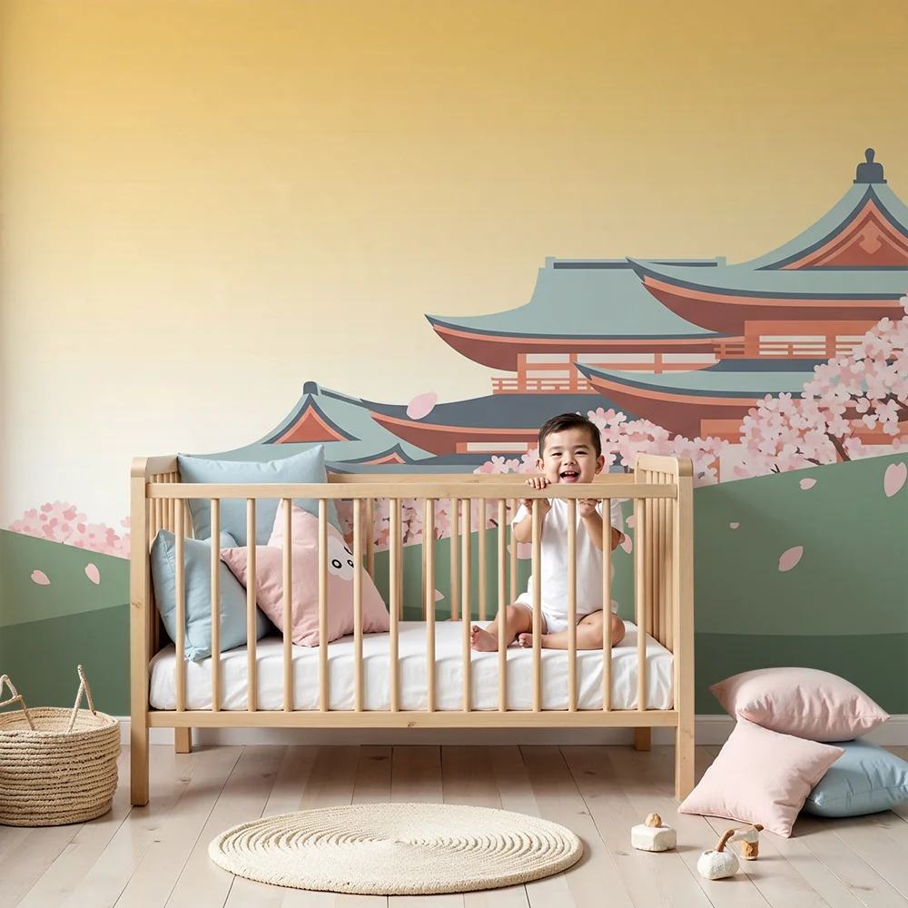 Lastenhuoneen tapetti | Japanilaiset temppelit kukkivien kirsikkapuiden alla