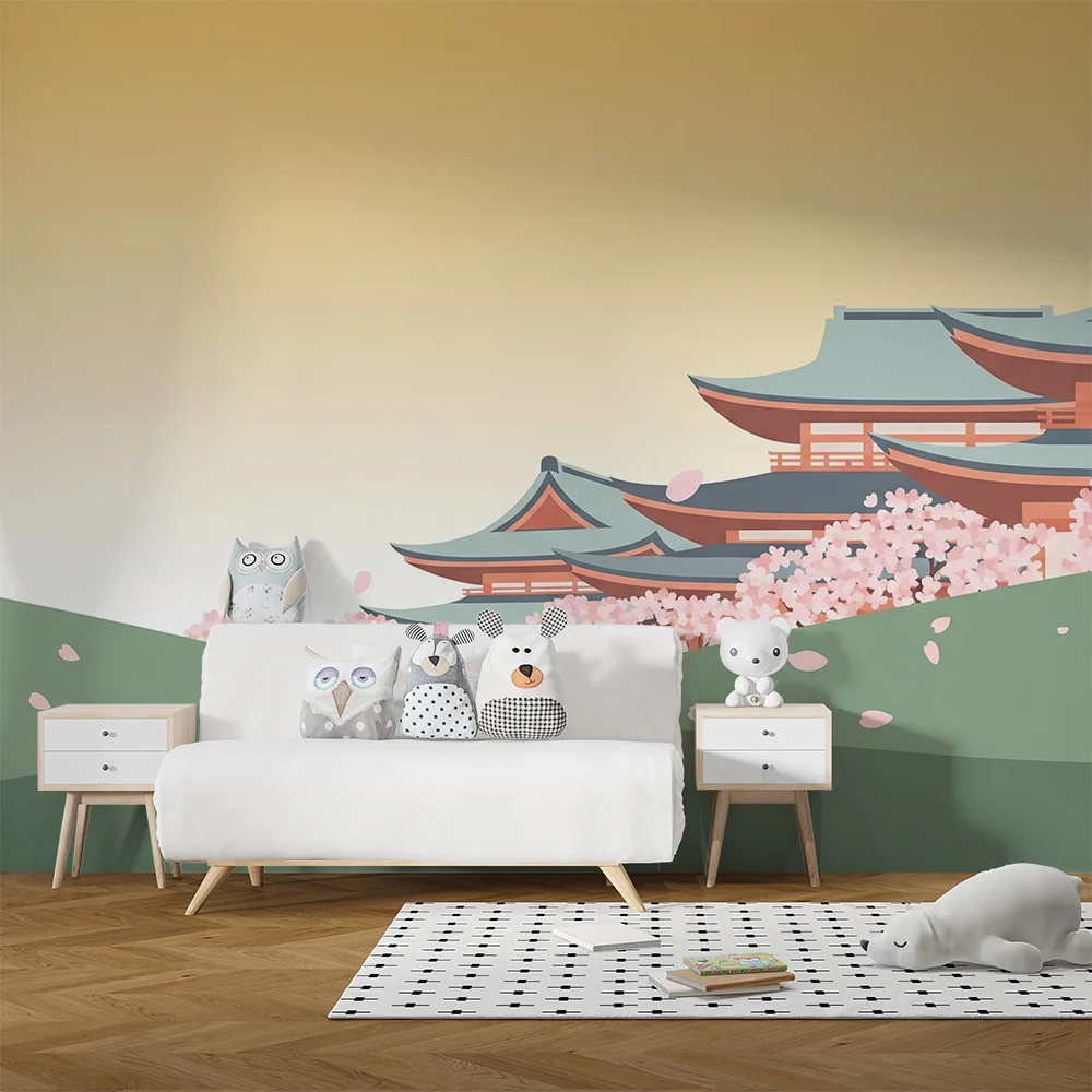 Lastenhuoneen tapetti | Japanilaiset temppelit kukkivien kirsikkapuiden alla
