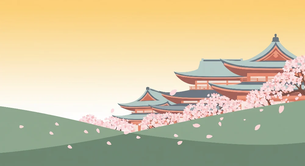 Lastenhuoneen tapetti | Japanilaiset temppelit kukkivien kirsikkapuiden alla