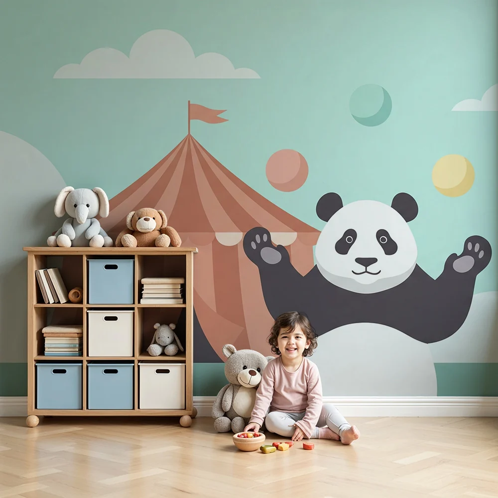 Lastenhuoneen tapetti | Jongleeraava panda sirkusteltan alla