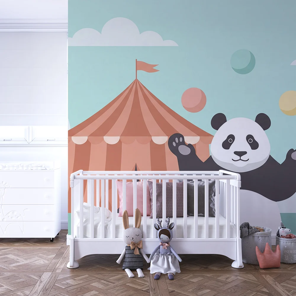 Lastenhuoneen tapetti | Jongleeraava panda sirkusteltan alla