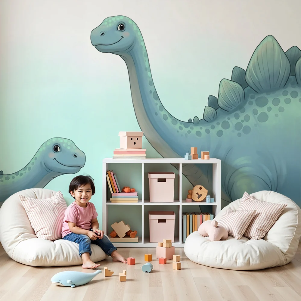 Lastenhuoneen tapetti | kaksi hymyilevää dinosaurusia rauhoittavassa ympäristössä